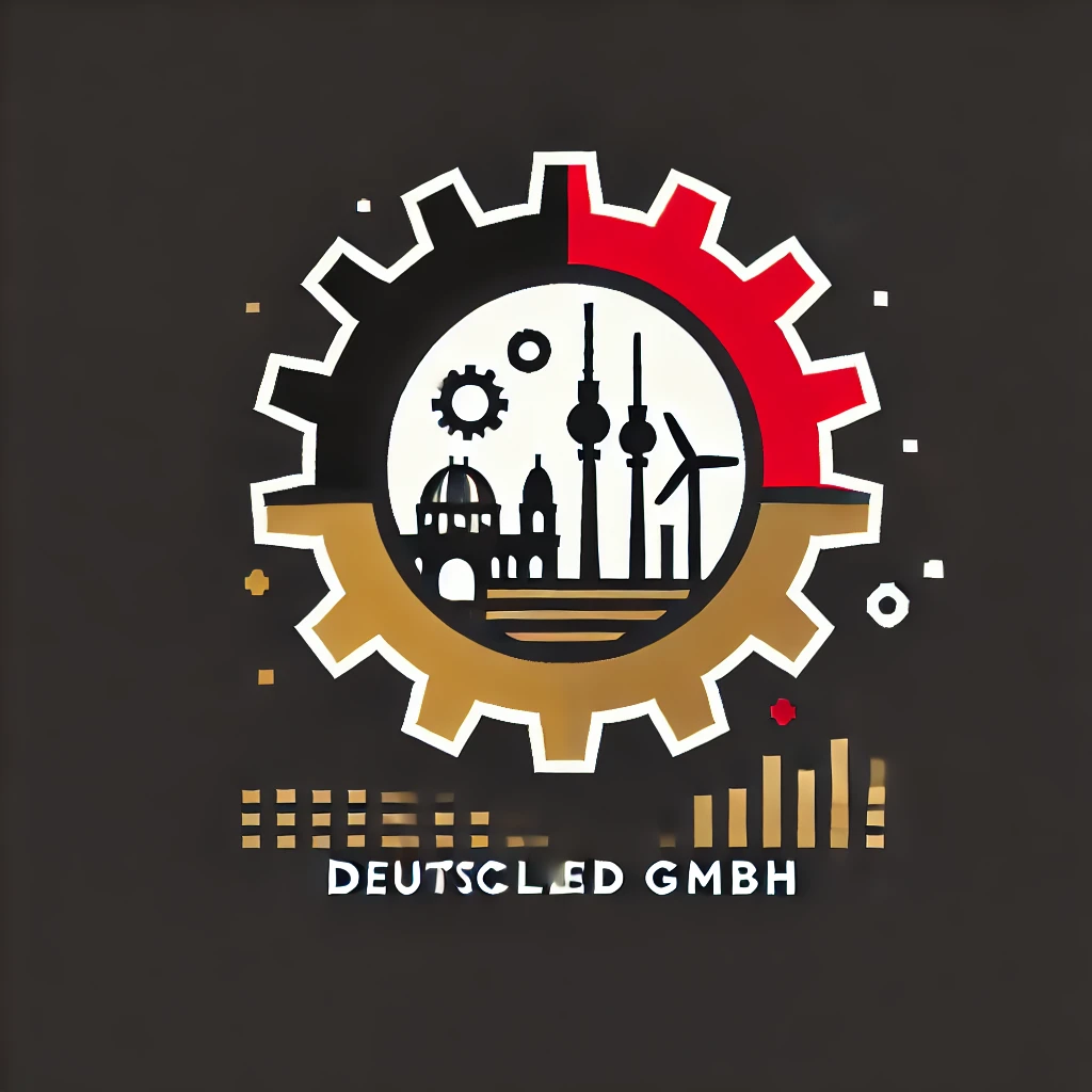 Firmenlogo einer fiktiven Deutschland GmbH. Zahnrad in den Nationalfarben. In der Mitte ein paar typische deutsche Bauten. Alles auf schwarzem Grund